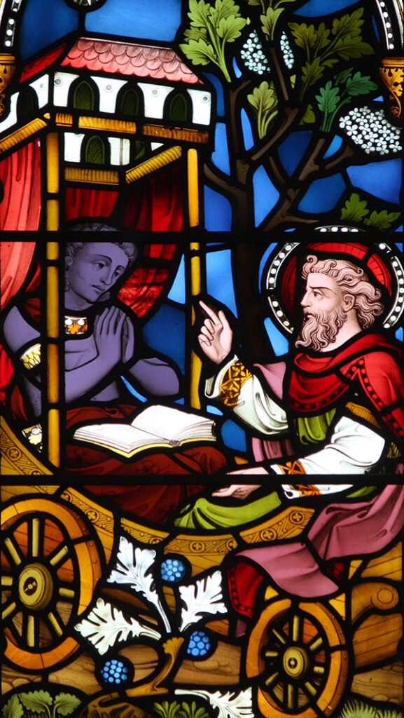 stained glass window of Phillip and the Ethiopian Eunuch